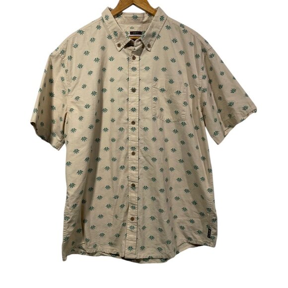 PRANA Mens Broderick Button Down Shirt Short Sleeve Organic Cotton Tan XL Plants - Picture 1 of 7